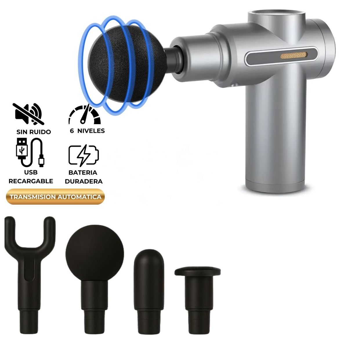 XTREME SPORT - Pistola Masajeador Muscular 4 Cabezales 6 Velocidades