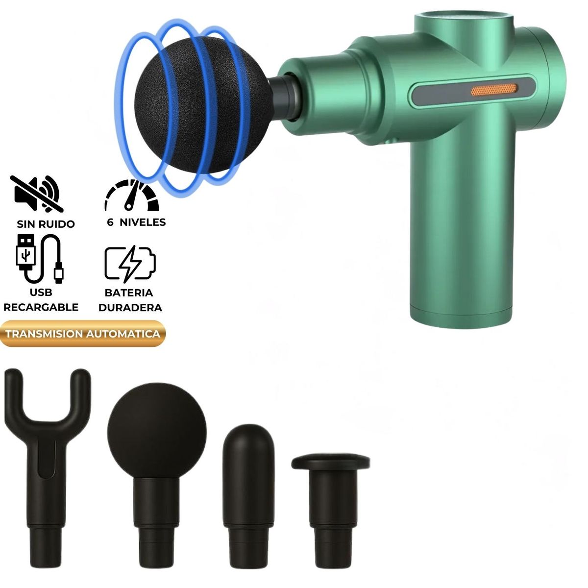 XTREME SPORT - Pistola Masajeador Muscular de 4 Cabezales 6 Velocidades