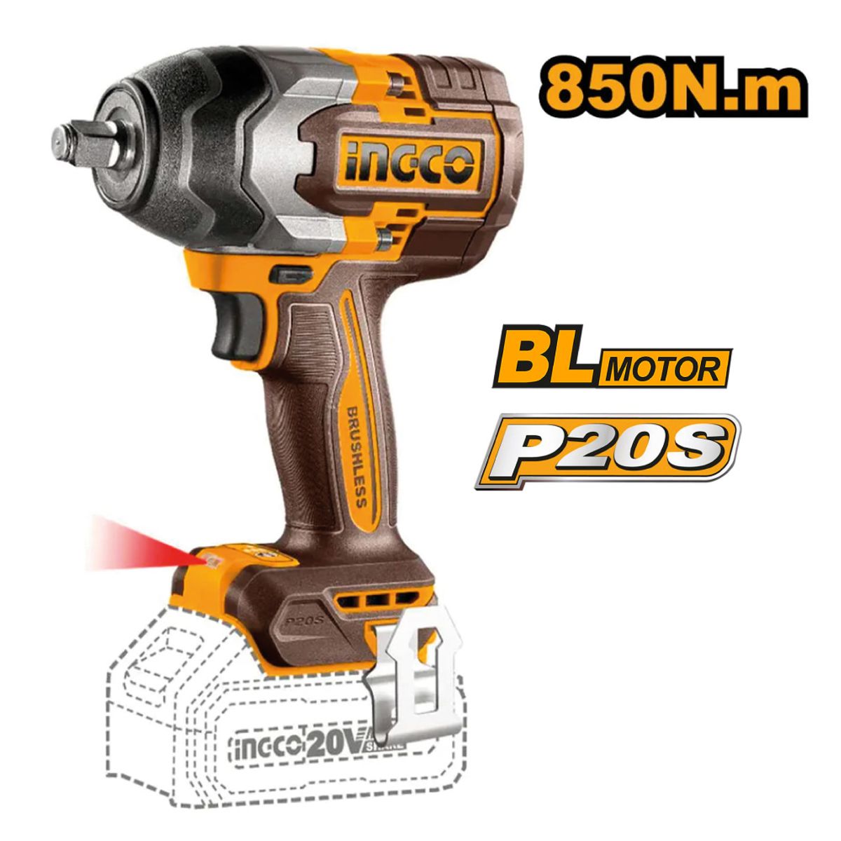 INGCO TOOLS - KIT LLAVE IMPACTO BRUSHLESS INGCO 850NM + LINTERNA LED 5AH COSLI241181