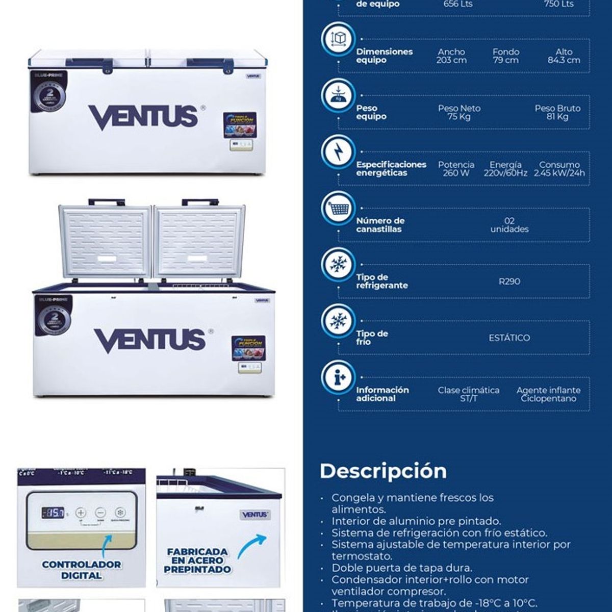 VENTUS - Congeladora Triple Función Tapa dura  2 Puertas de 750 Litros, CTD-750 PRIME - Ventus