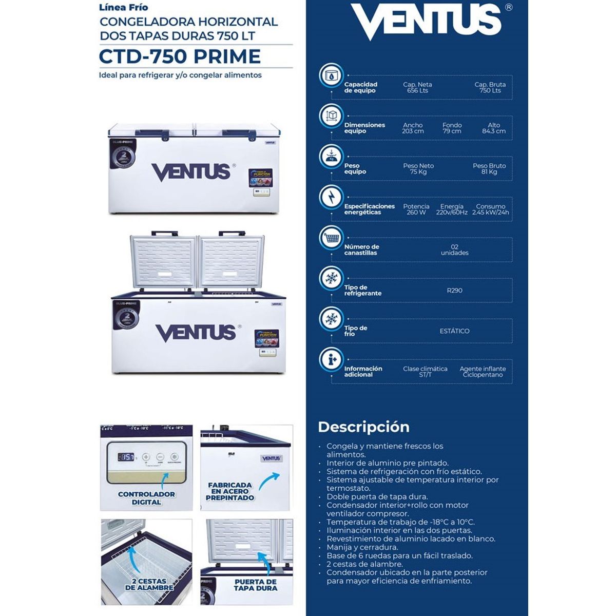 VENTUS - Congeladora Triple Función Tapa dura  2 Puertas de 750 Litros, CTD-750 PRIME - Ventus