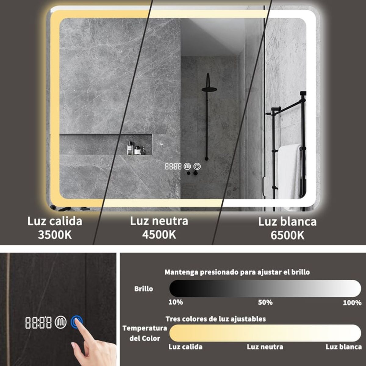 ANYHOGAR - Espejo Rectangular Led Con Touch Antiniebla 80x60 Cm