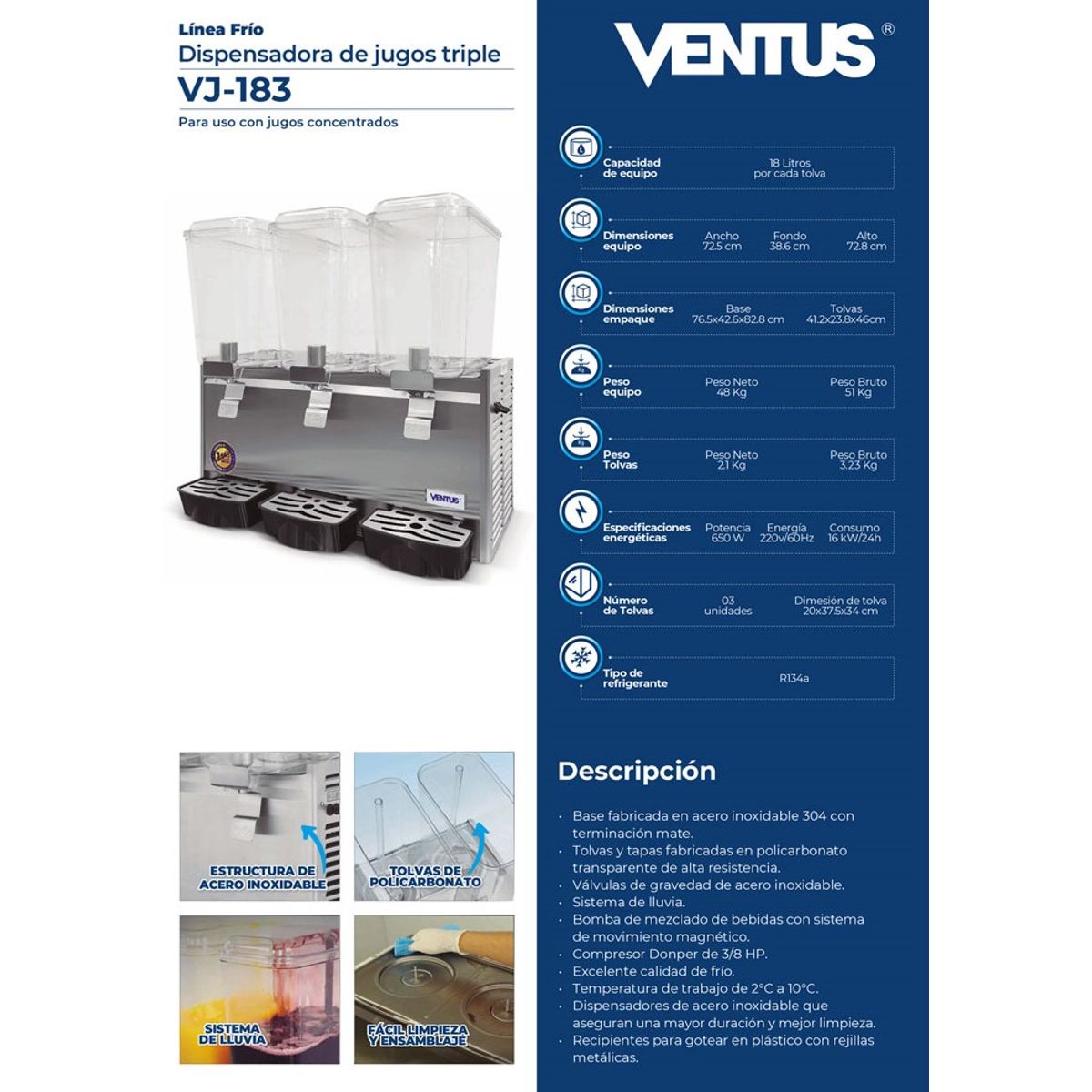 VENTUS - Dispensadora de Jugos con 3 tolvas, VJ-183 Ventus