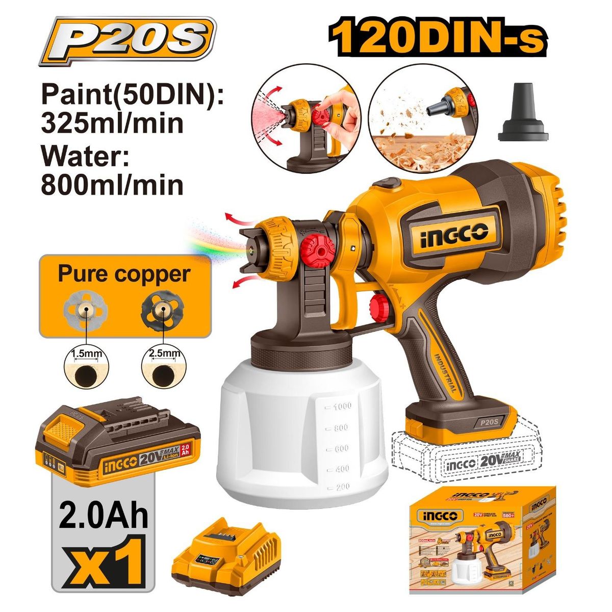 INGCO TOOLS - Pistola para Pintar de 800ml 20v + batería + cargador Ingco