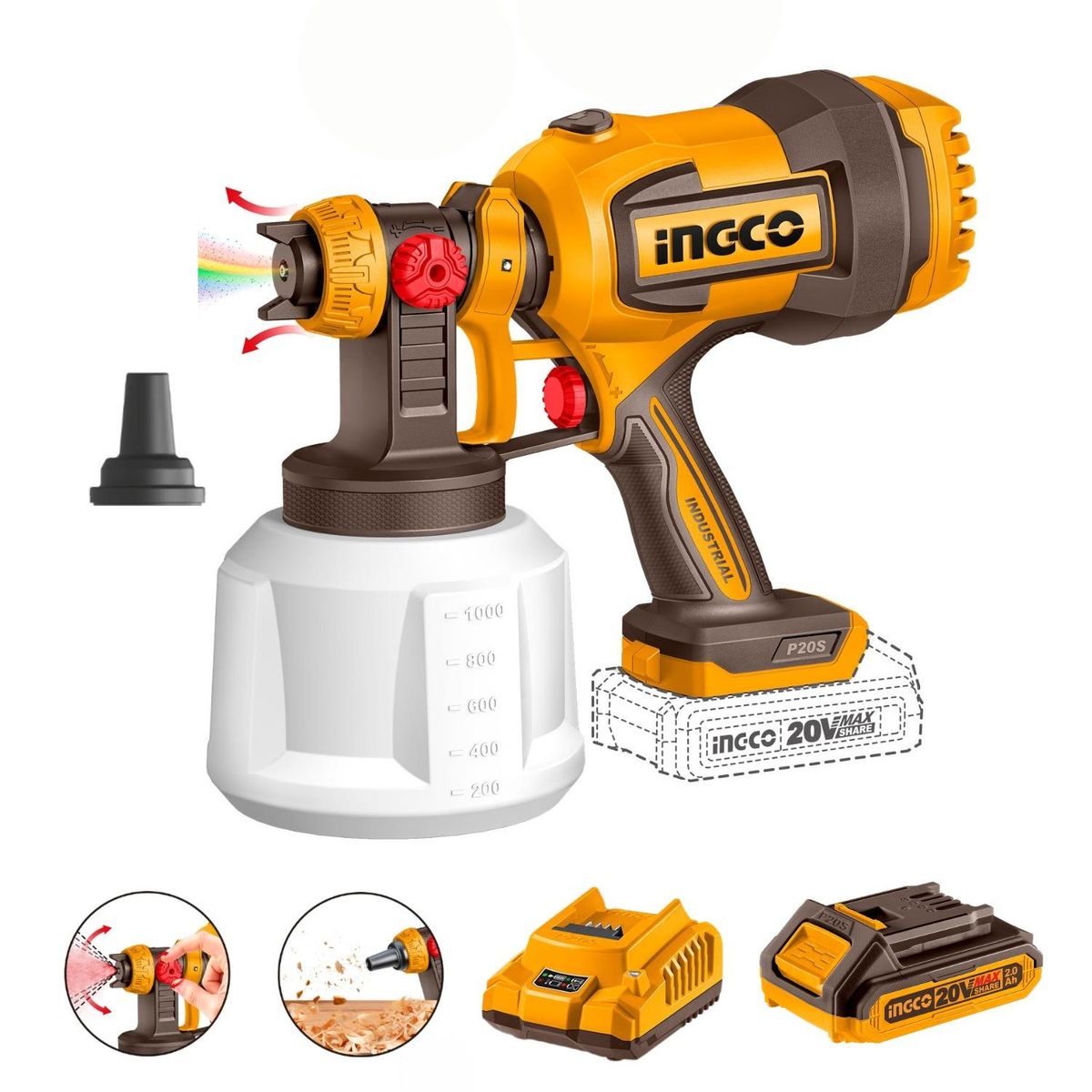 INGCO TOOLS - Pistola para Pintar de 800ml 20v + batería + cargador Ingco