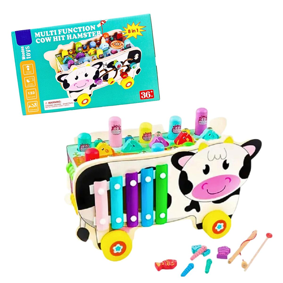 GENERICO - Vaca de Actividades de Madera 8 en 1 con : ¡Golpea y Aprende!