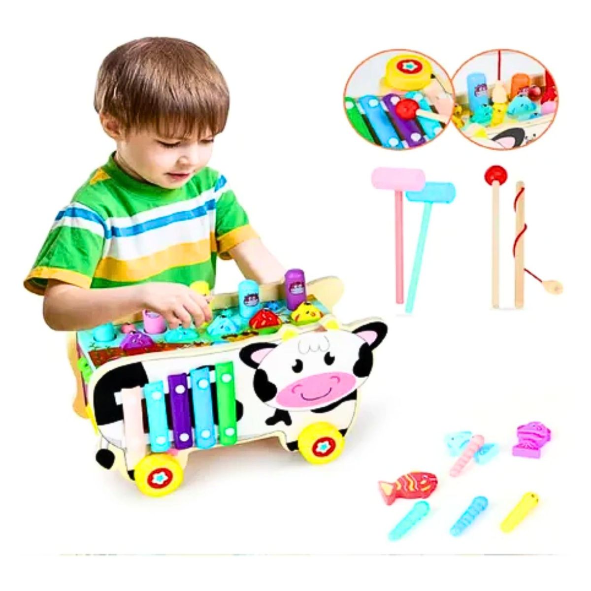 GENERICO - Vaca de Actividades de Madera 8 en 1 con : ¡Golpea y Aprende!