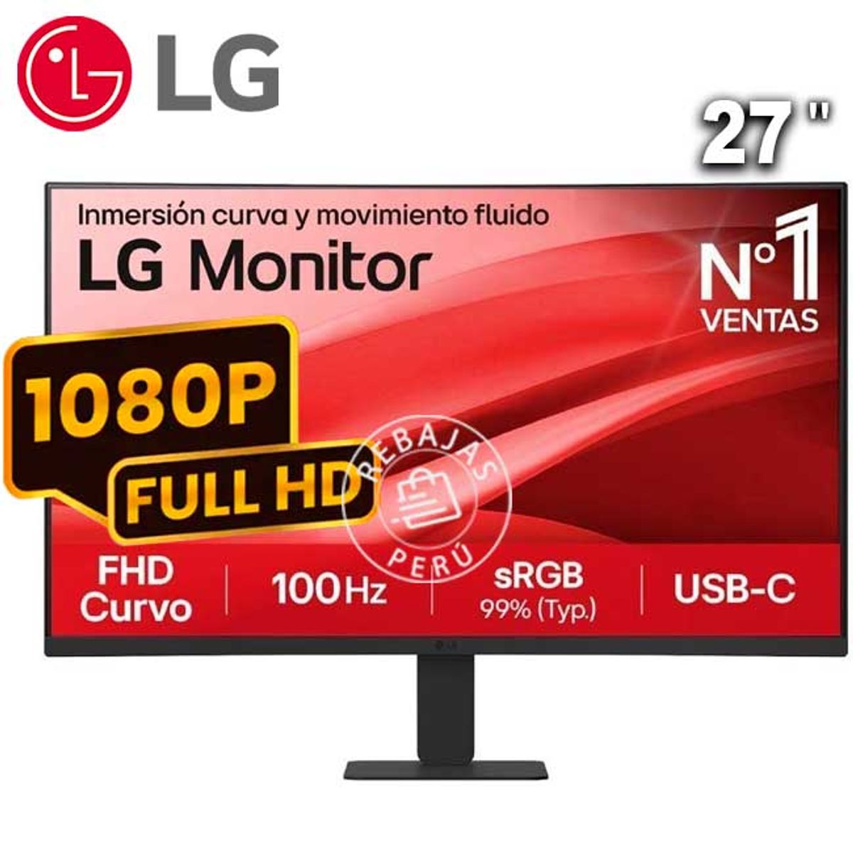 LG - Monitor LG 27U421A-B 27″ Curvo FHD 100 Hz USB-C HDMI Audio Out Negro