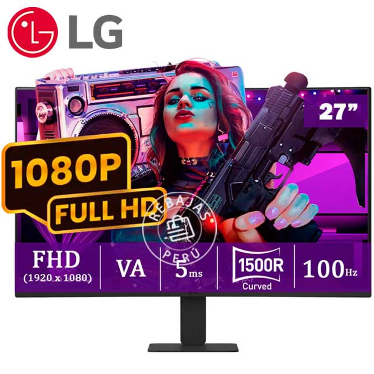 LG - Monitor LG 27U421A-B 27″ Curvo FHD 100 Hz USB-C HDMI Audio Out Negro