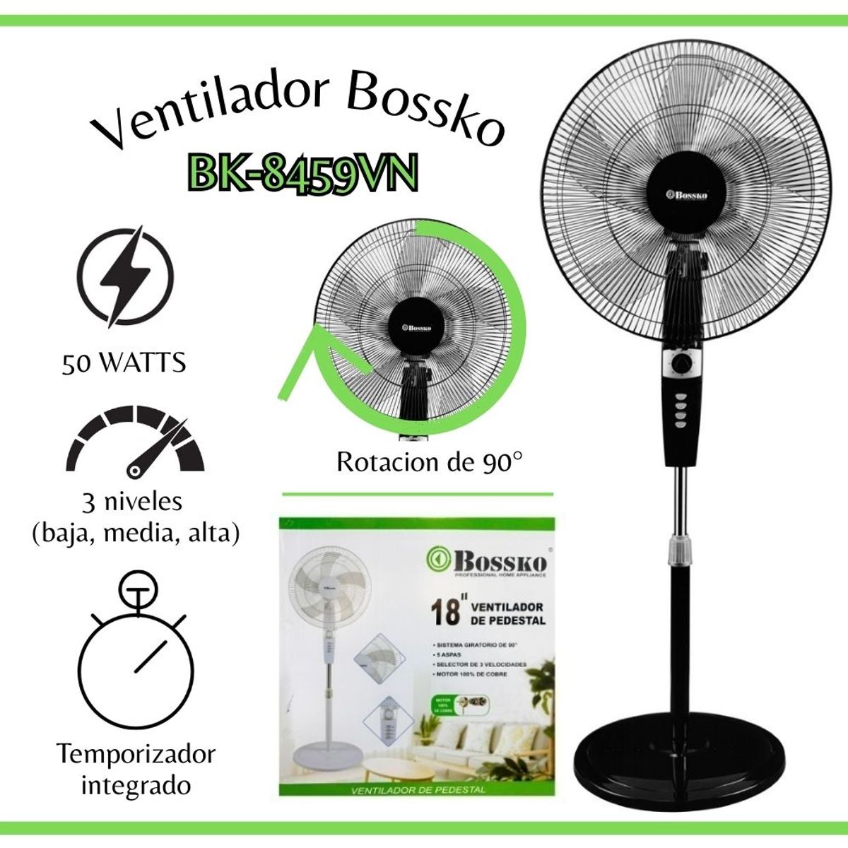 BOSSKO - Ventilador Bossko Pedestal 18″ con Temporizador - BK8459VN