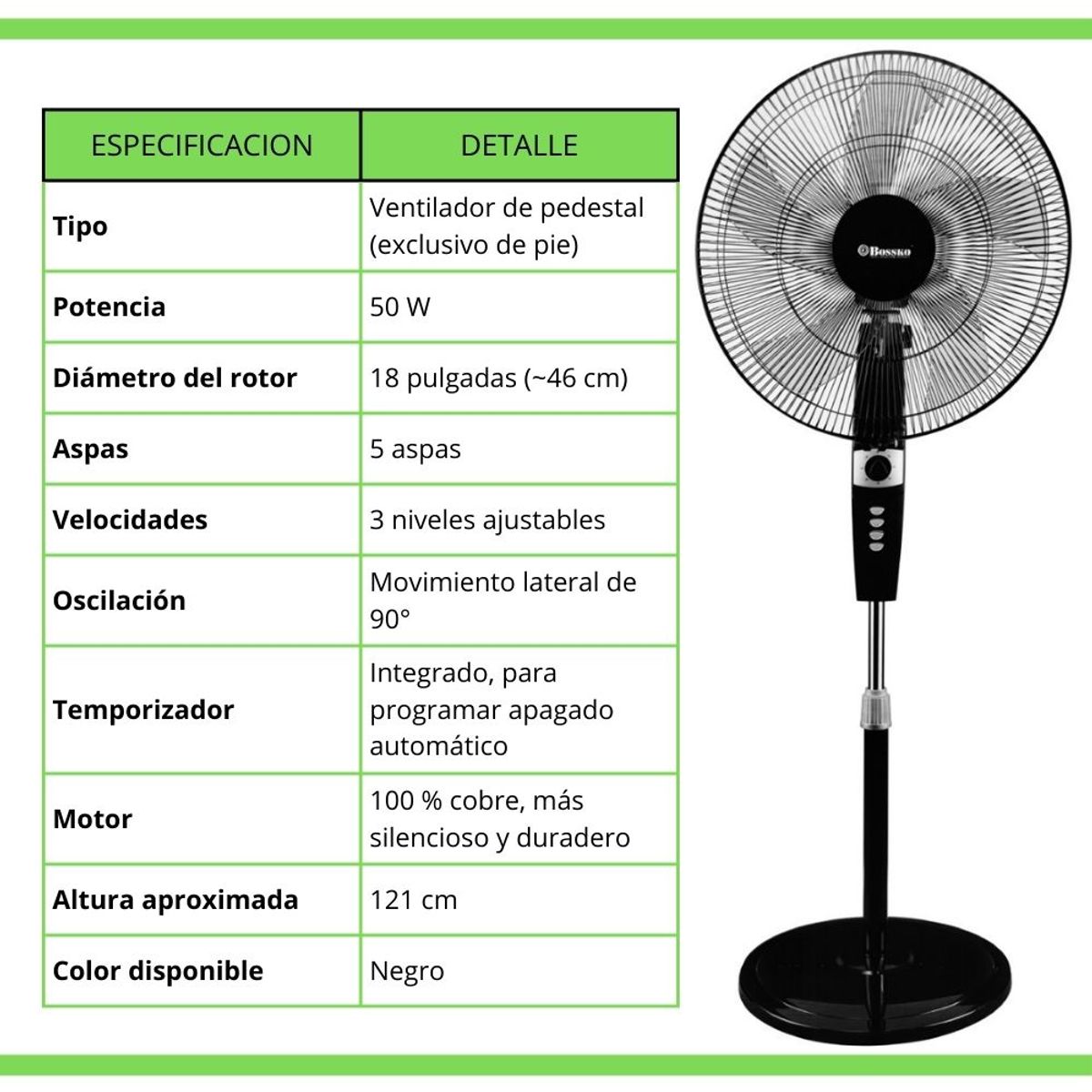 BOSSKO - Ventilador Bossko Pedestal 18″ con Temporizador - BK8459VN