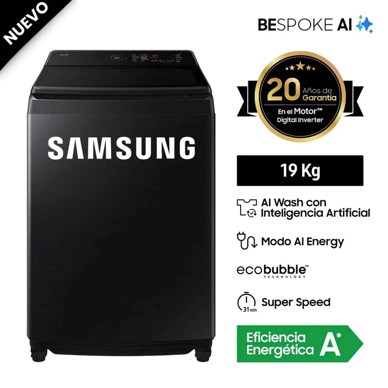 SAMSUNG - LAVADORA SAMSUNG 19KG WA80F19S8B AI WASH ECOBUBBLE™ NEGRA