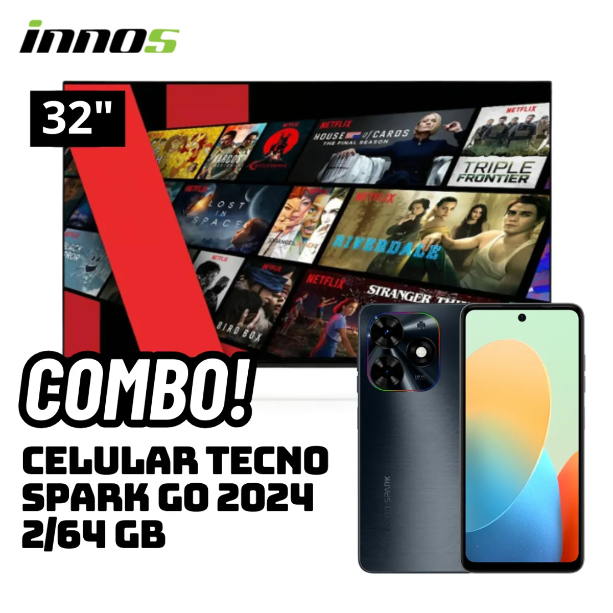 GENERICO - TELEVISOR INNOS 32 SMART TV ANDROID TV HD LED - S3201KU + CELULAR TECNO SPARK GO 2024 2/64 GB NEGRO