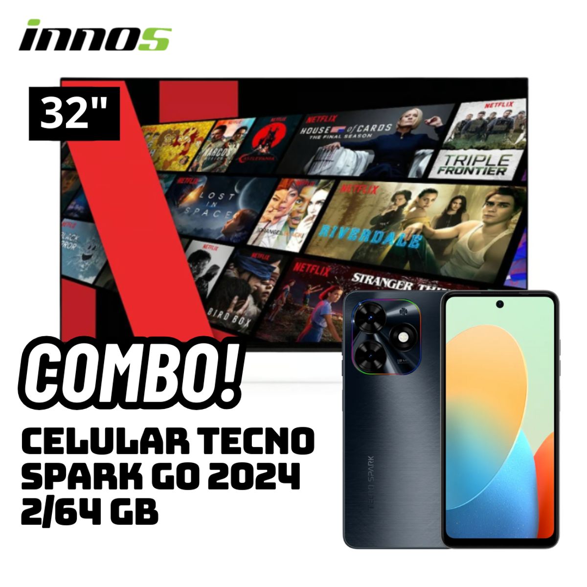 GENERICO - TELEVISOR INNOS 32 SMART TV ANDROID TV HD LED - S3201KU + CELULAR TECNO SPARK GO 2024 2/64 GB NEGRO
