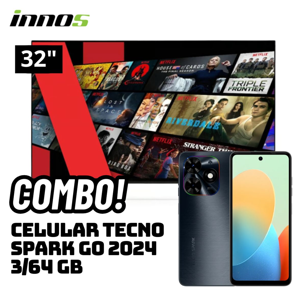 GENERICO - TELEVISOR INNOS 32 SMART TV ANDROID TV HD LED - S3201KU + CELULAR TECNO SPARK GO 2024 3/64 GB NEGRO
