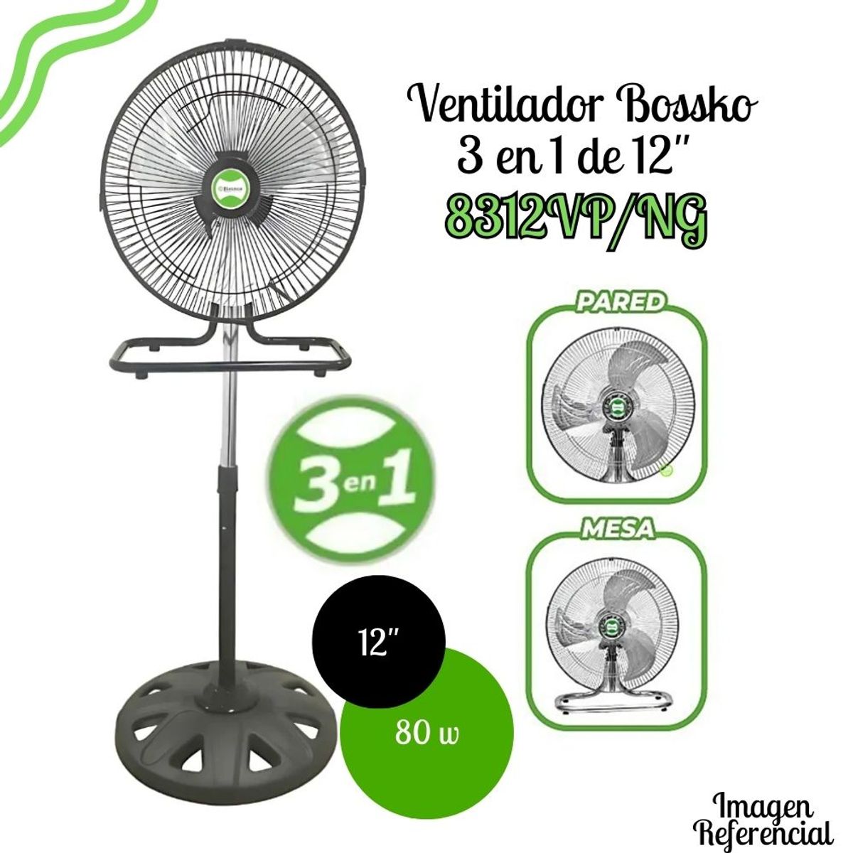 BOSSKO - Ventilador Bossko de 12" 3 en 1 - BK-8312VP – NEGRO