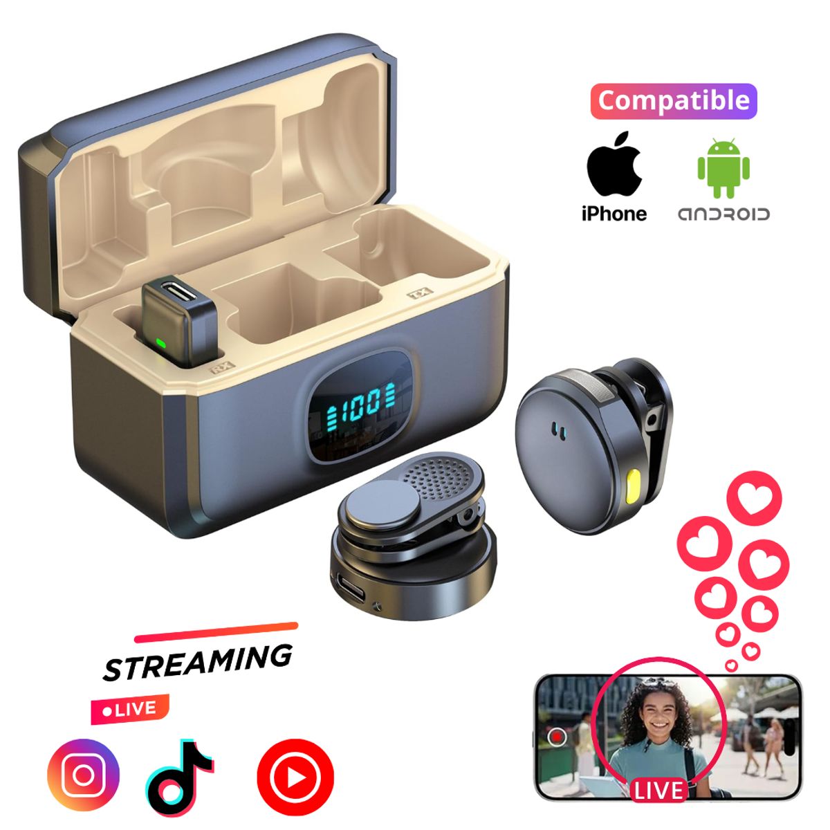 SEISA - Microfonos Inalambricos Solaperos Dual 2 en 1 Cancelación de Ruido para Live Streaming Q8