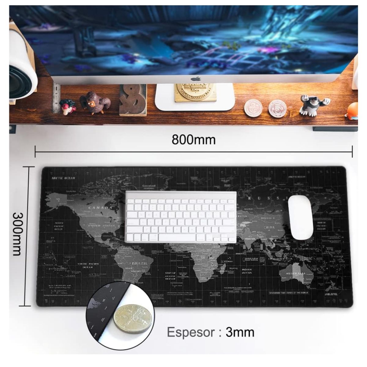 SEISA - Pad Mouse Gamer XL 80×30 CM Mapamundi Alfombrilla Antideslizante Gamer