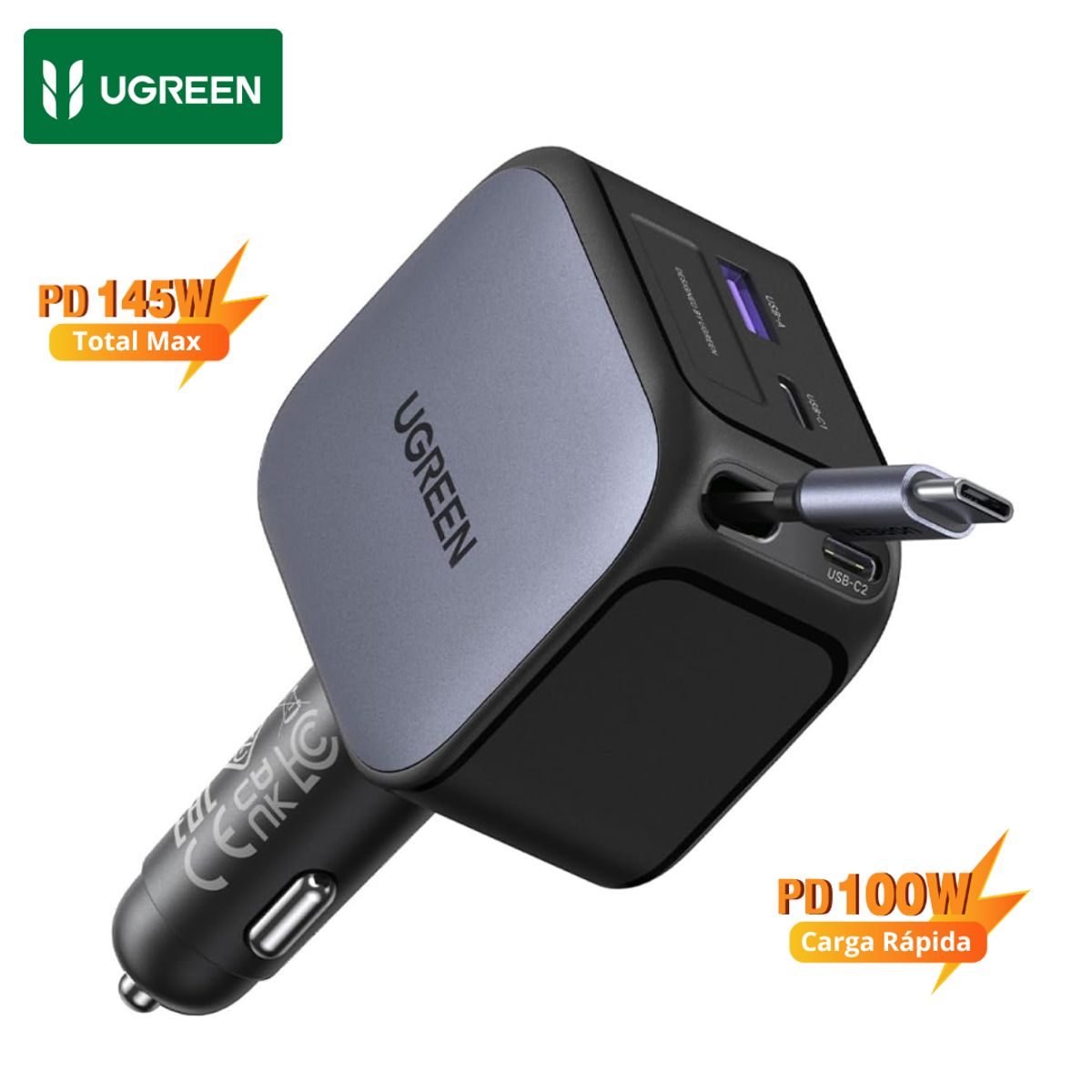 UGREEN - Cargador de Auto UGREEN 145W Retráctil USB-C  Laptop Teléfono y Tablet