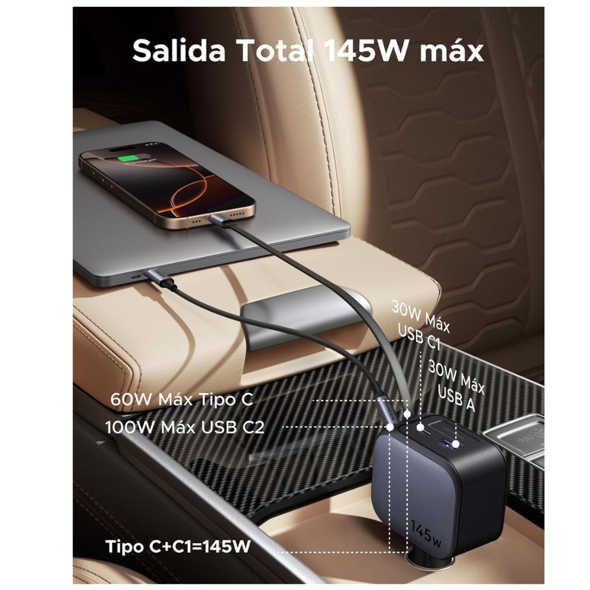 UGREEN - Cargador de Auto UGREEN 145W Retráctil USB-C  Laptop Teléfono y Tablet