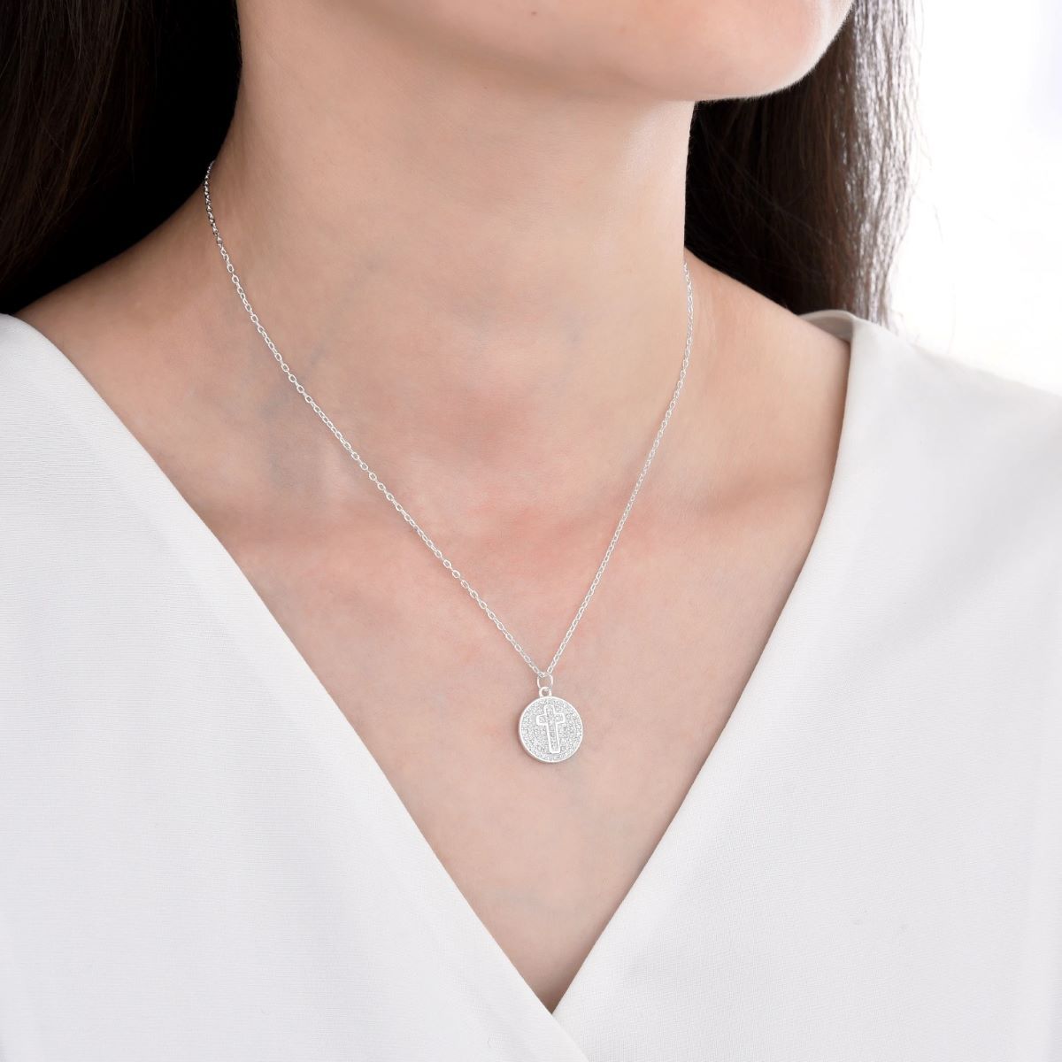 SANTORAL - Collar Dije Cruz con Brillos - Plata