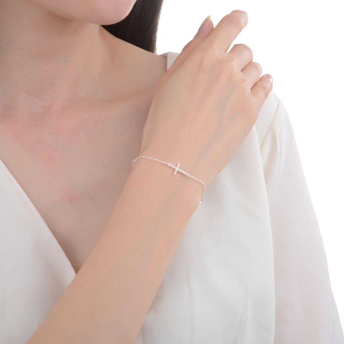 SANTORAL - Pulsera Cruz Brillos y Punto de Luz - Plata