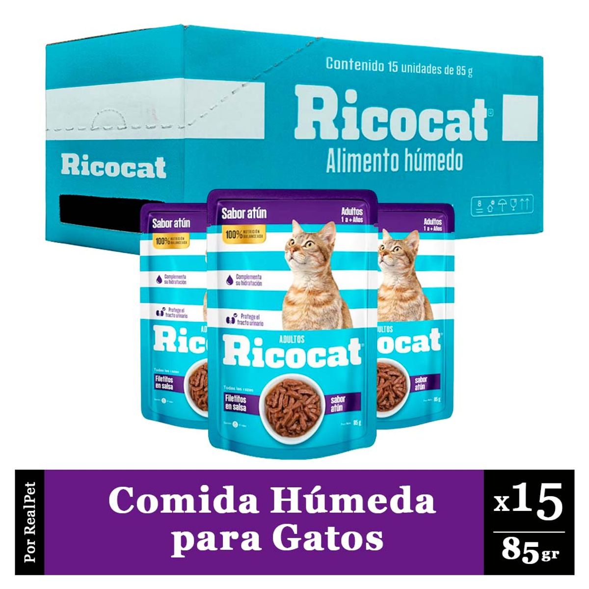 RICOCAT - Pack Caja x15 Comida Húmeda Gato Ricocat Filetito Atún 85gr