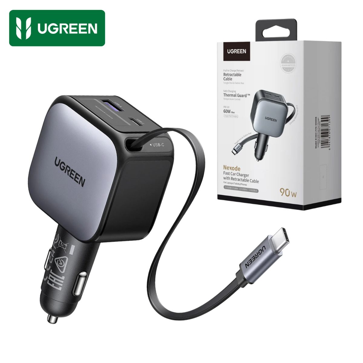 UGREEN - Cargador de Auto UGREEN 90W Cable Type C Retráctil Carga Rapida para Iphone Macbook Samsung Honor Xiaomi