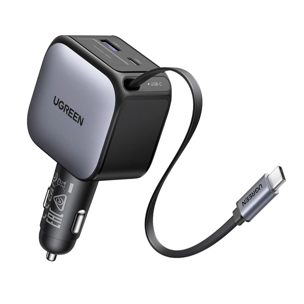 UGREEN - Cargador de Auto UGREEN 90W USB-C Retráctil Carga Rapida Telefono