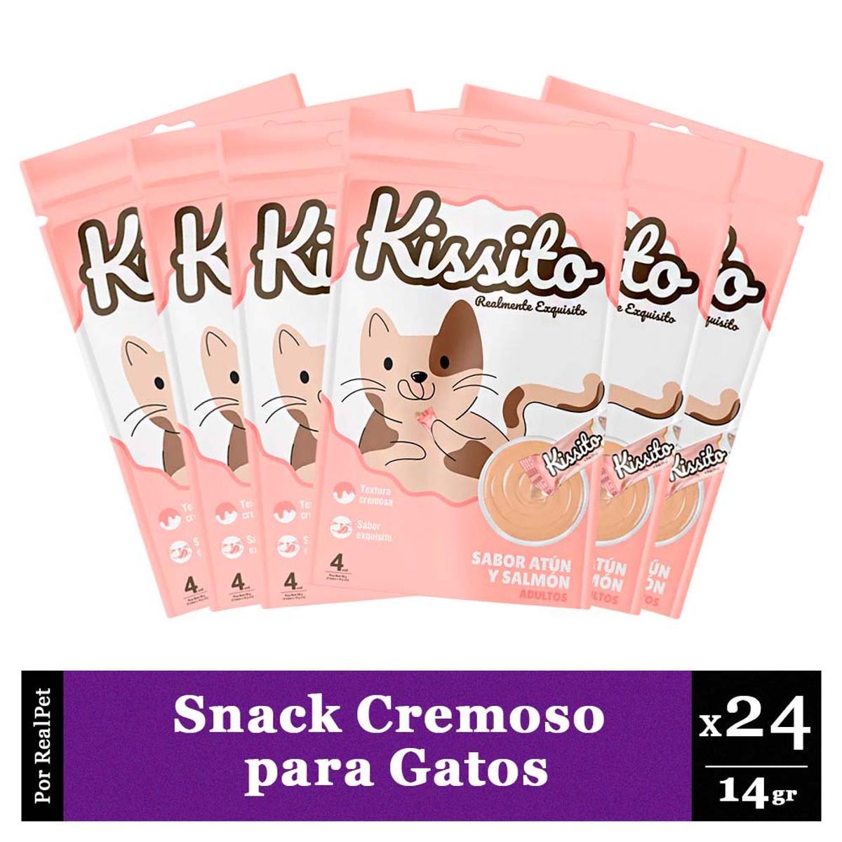 GENERICO - Snack Cremoso Gato Kissito Atún y Salmón 6 sobres x 4 tubos