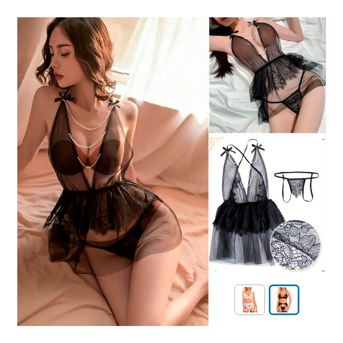 GENERICO - Babydoll de Encaje para Mujer con Perlas