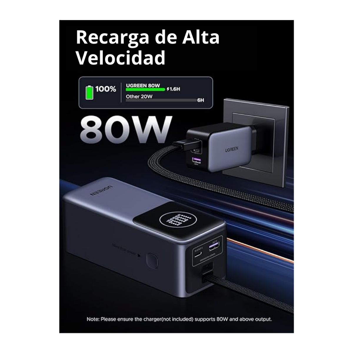 UGREEN - Power Bank UGREEN 20000mAh 130W con Cable Integrado Carga Rapida