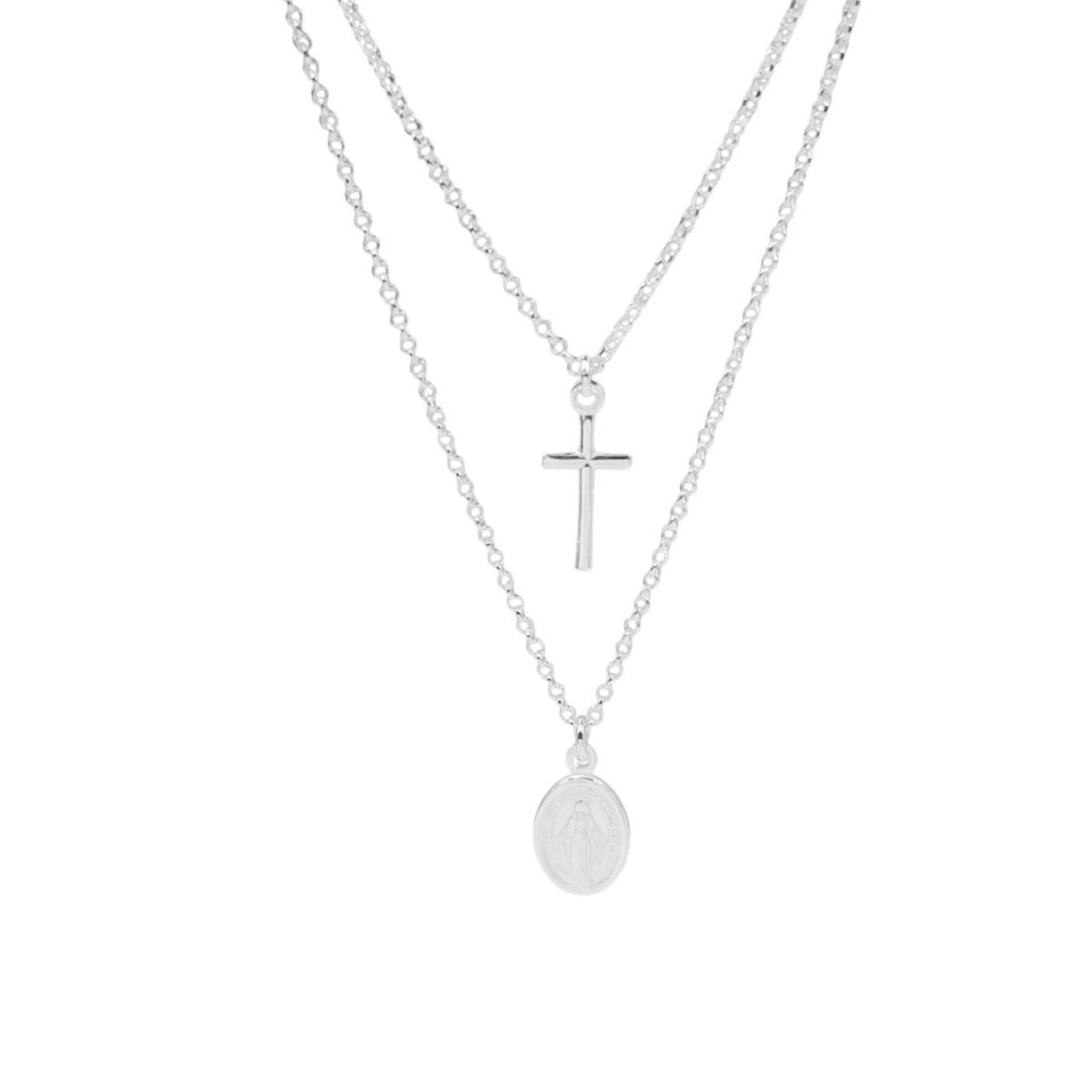 SANTORAL - Collar Doble Virgen de la Medalla Milagrosa y Cruz - Plata
