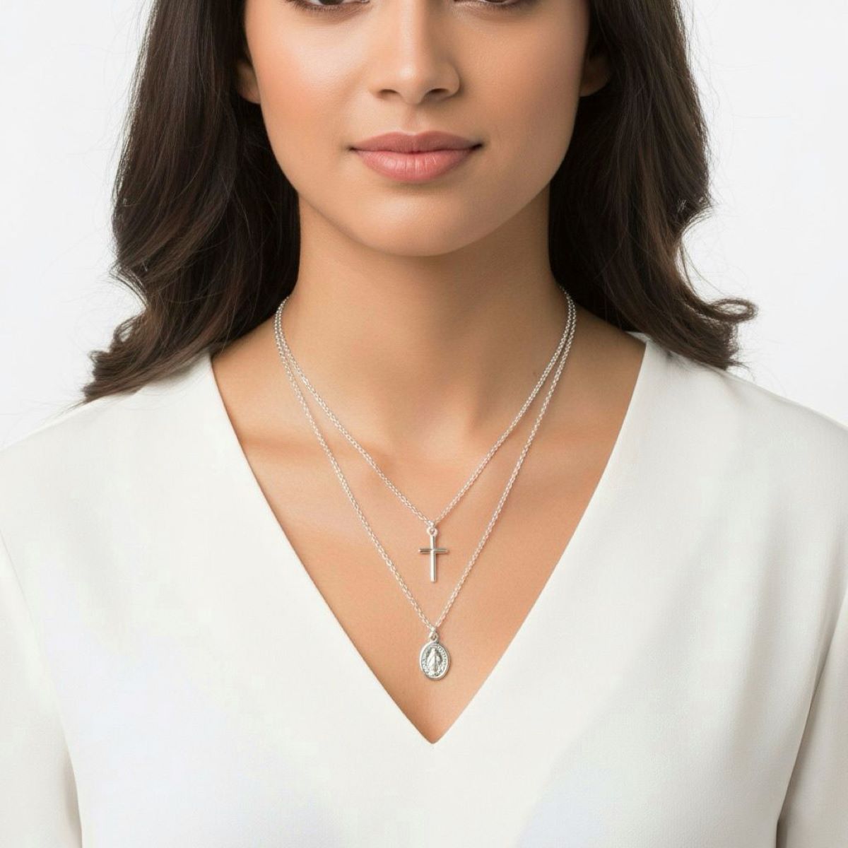 SANTORAL - Collar Doble Virgen de la Medalla Milagrosa y Cruz - Plata