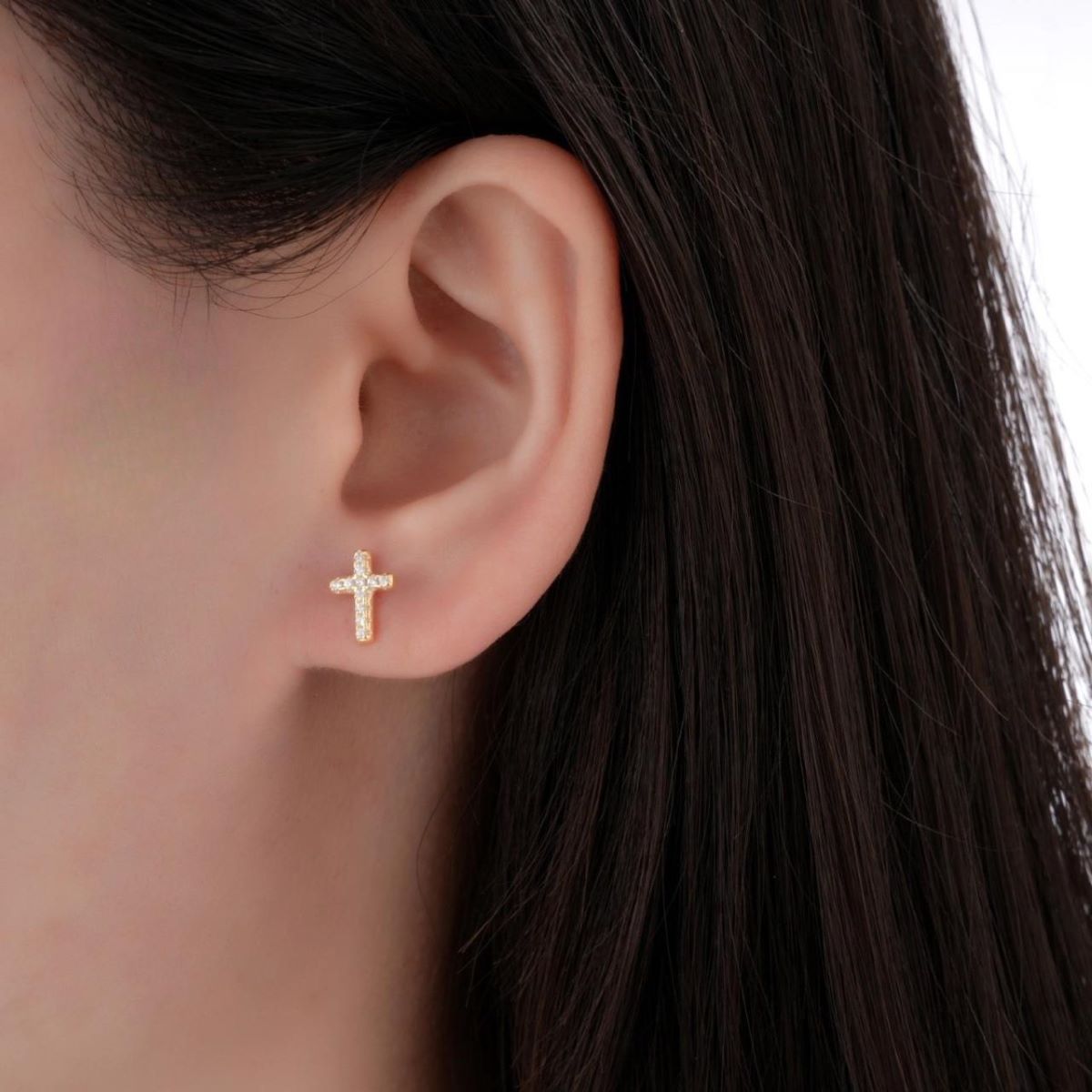 SANTORAL - Aretes Cruz Brillos Dorados - Plata