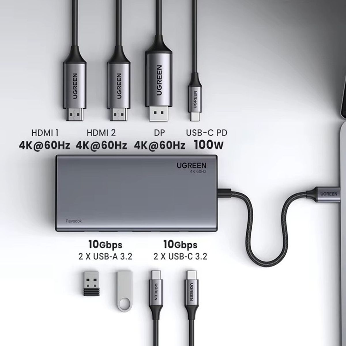 UGREEN - Hub Ugreen  8 En 1 USB-C Revodok 4k Hdmi Con 2 HDMI, DP, 2 puertos USB A&C 3.2, 100W PD- CM639