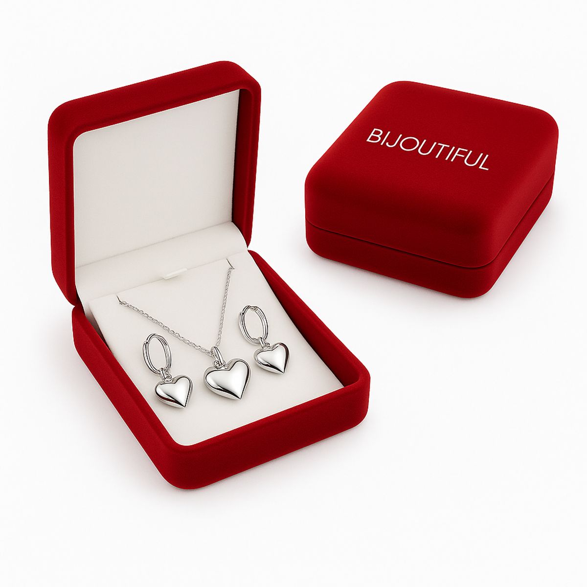 GENERICO - Set Collar y Aretes Corazón Plateado en Acero Inoxidable para Mujer