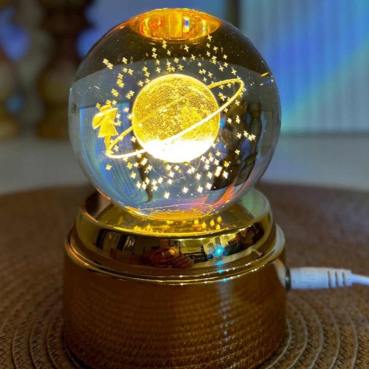 GENERICO - ESFERA CRISTAL GIRATORIO 3D LÁMPARA LED DORADO ADORNO GRANDE