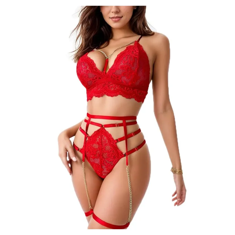 GENERICO - Set de Lencería con Liguero y Sujetador de Encaje