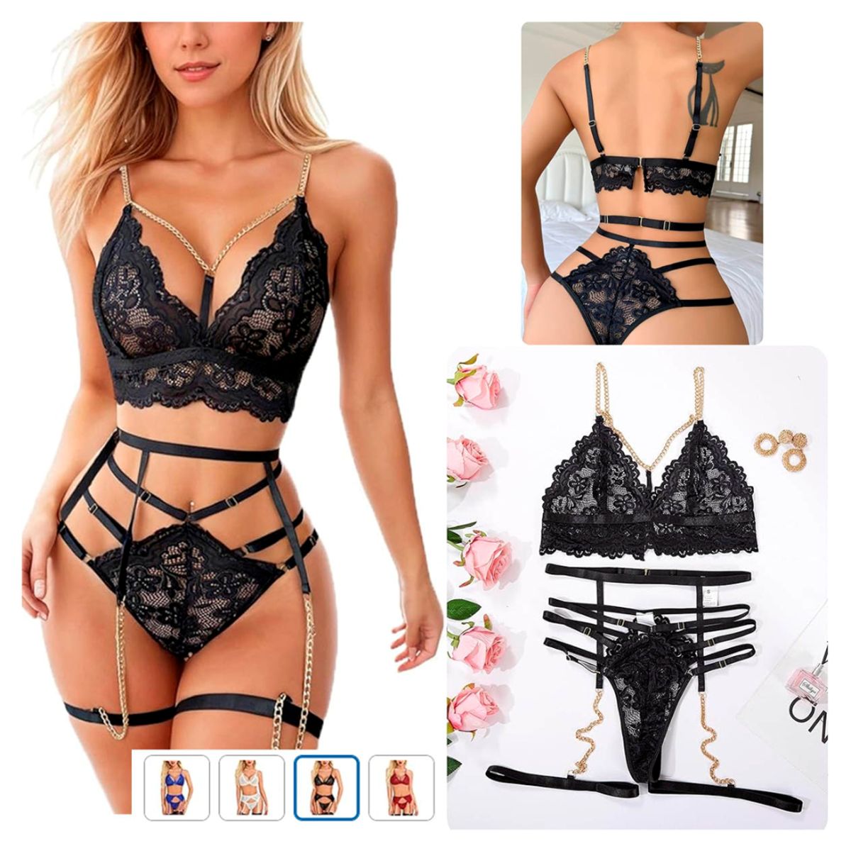 GENERICO - Set de Lencería con Liguero y Sujetador de Encaje