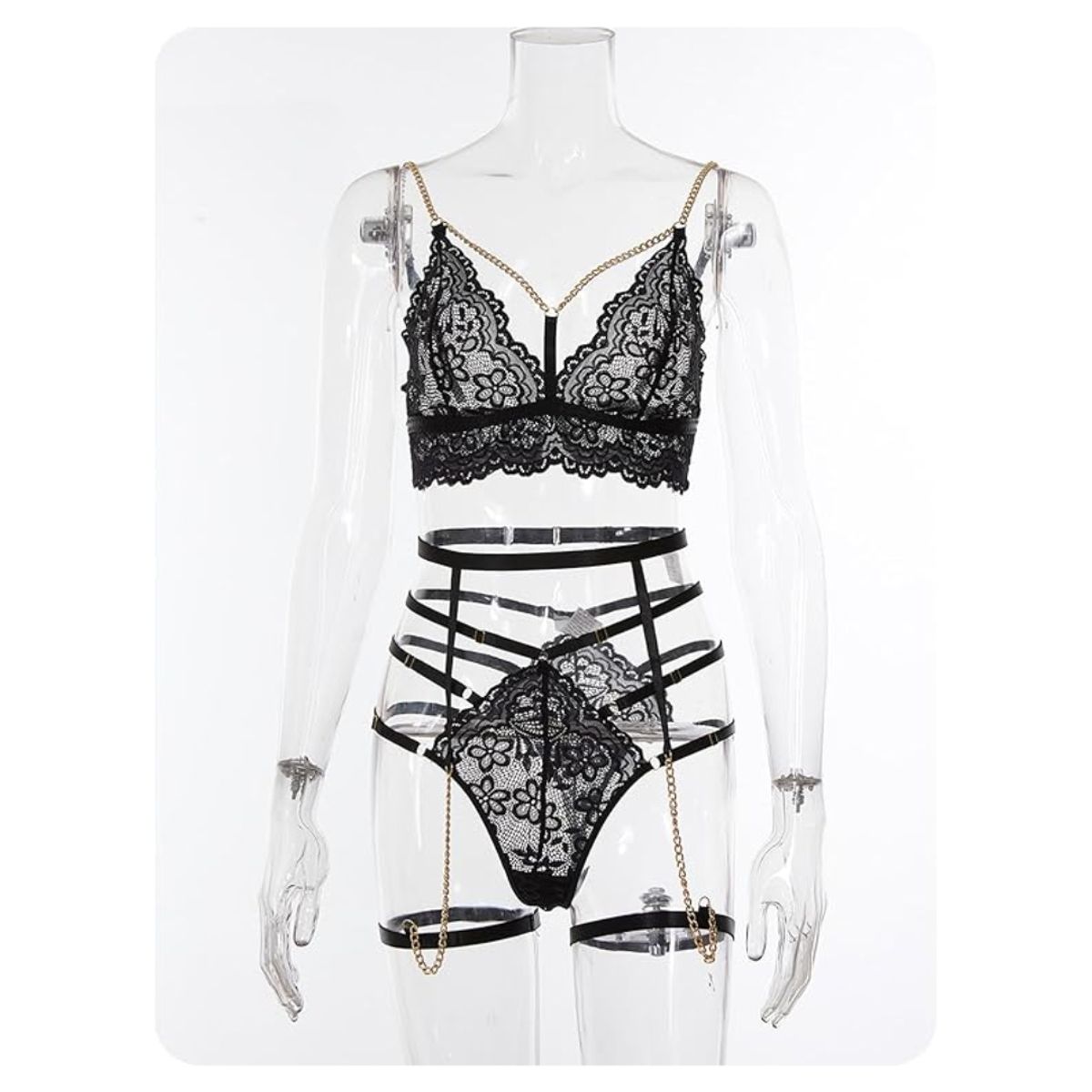 GENERICO - Set de Lencería con Liguero y Sujetador de Encaje