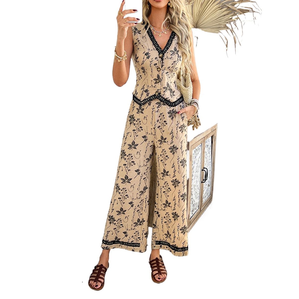 TIOZONEY - Conjunto informal estampado para mujer-Marrón