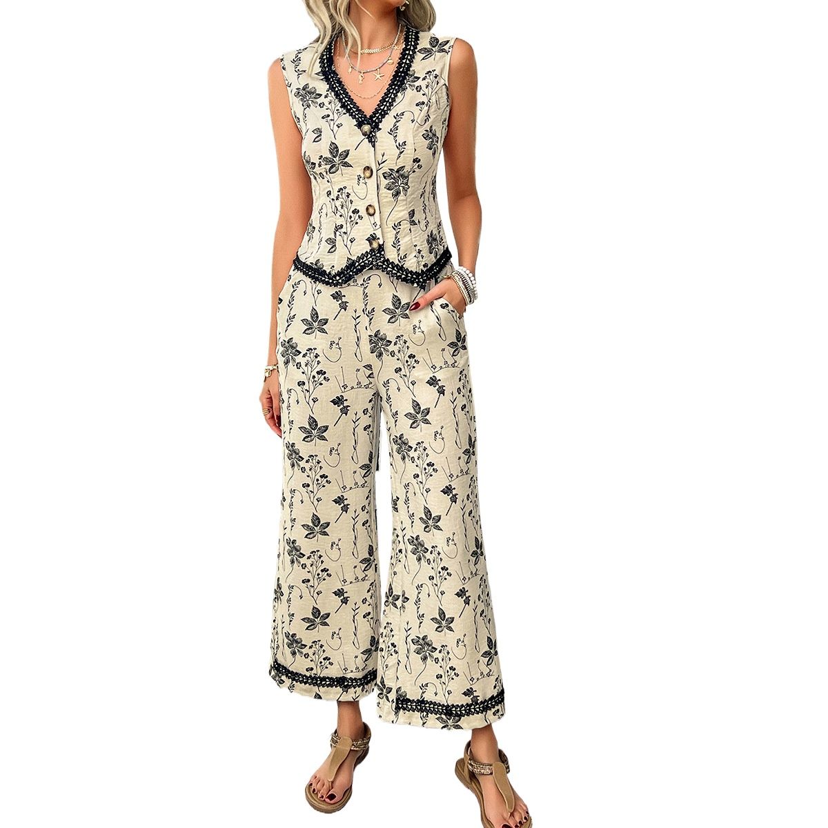 TIOZONEY - Conjunto informal estampado para mujer-Blanco