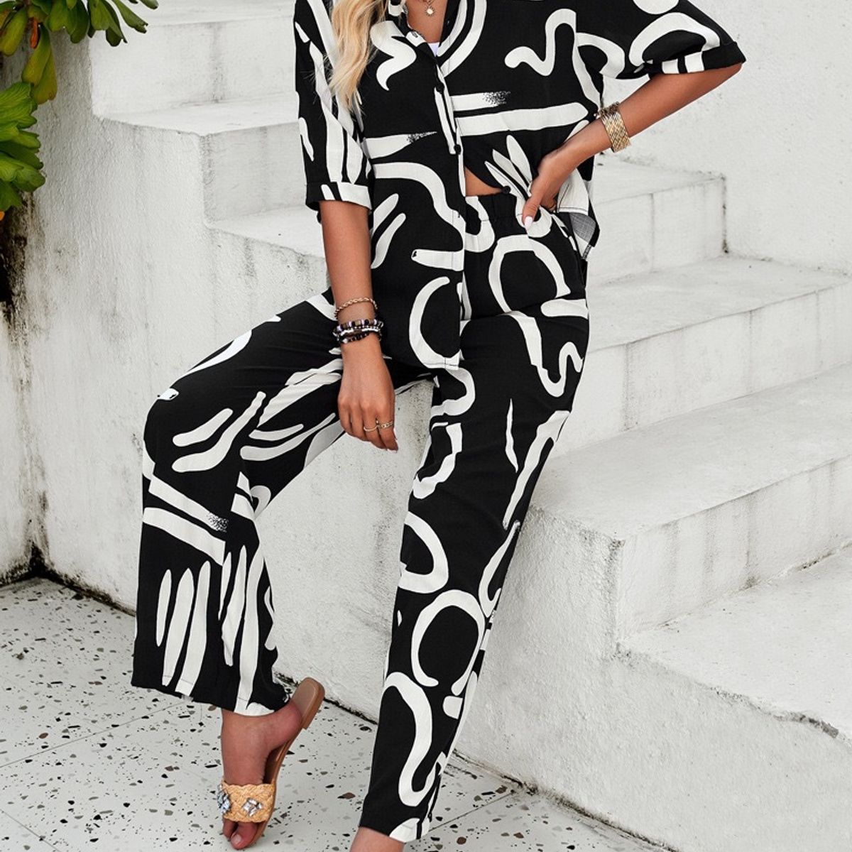 TIOZONEY - Conjunto informal estampado para mujer-Nergo