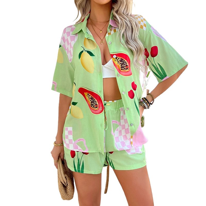 Traje de camisa estampada para mujer-Verde TIOZONEY