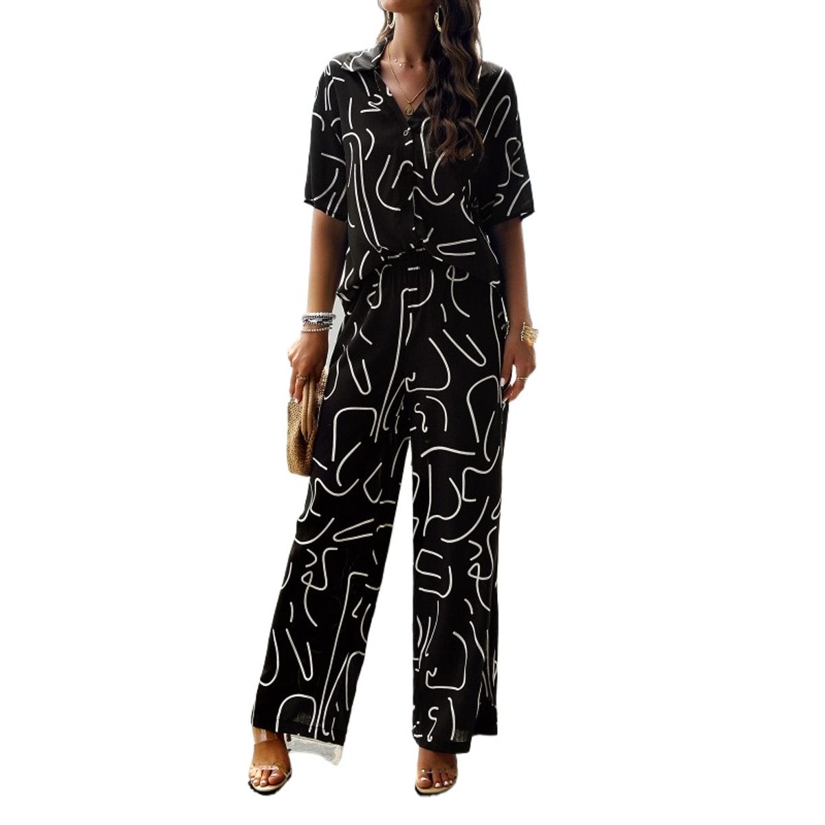 TIOZONEY - Conjunto estampado de manga corta-Negro