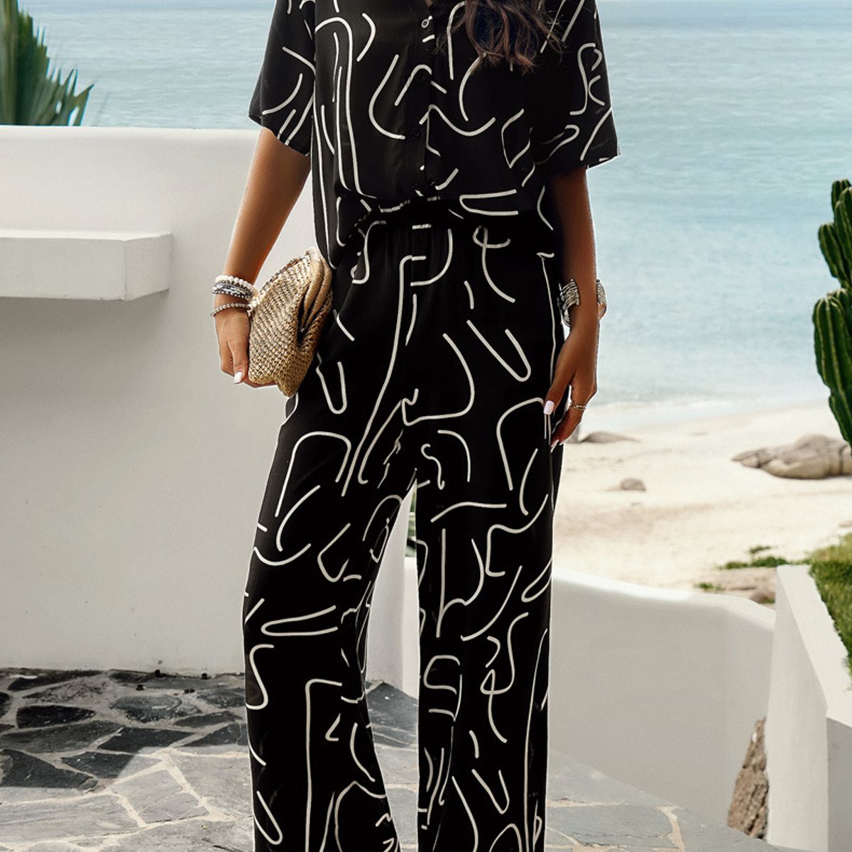 TIOZONEY - Conjunto estampado de manga corta-Negro