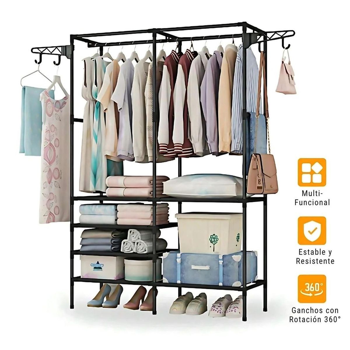 GENERICO - Ropero Colgador Organizador de Ropa 2 Cuerpos 173x107x36cm Negro