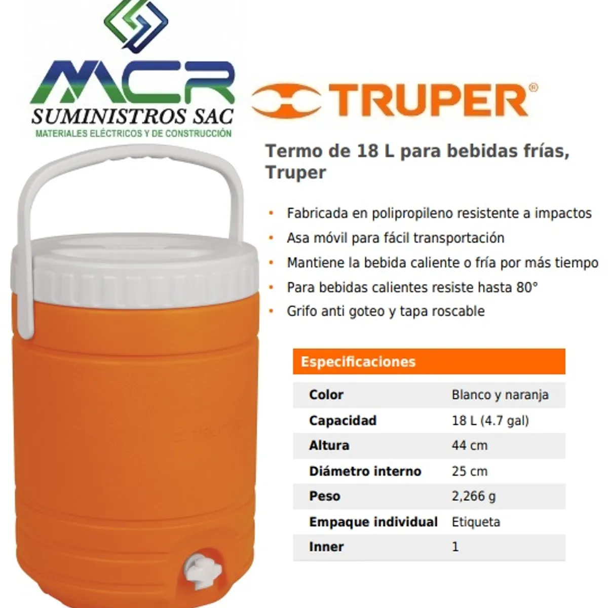 TRUPER - COOLER TERMO PARA BEBIDAS FRÍAS 18 LITROS TRUPER