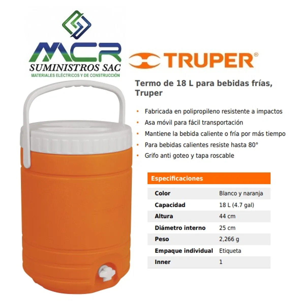 TRUPER - COOLER TERMO PARA BEBIDAS FRÍAS 18 LITROS TRUPER
